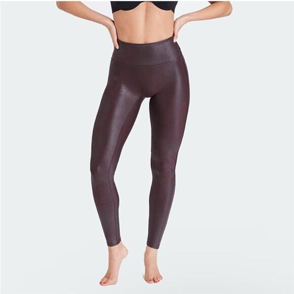 SPANX Burgundy Faux Leather Leggings Size Small - Picture 4 of 16